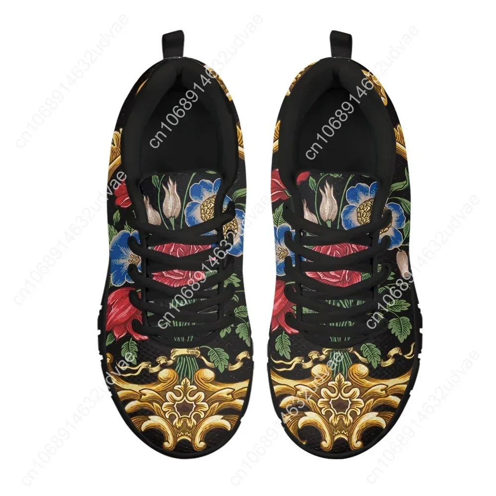 Women Golden Baroque Flowers Flat Shoes Lady Luxury Retro European Floral Sneakers Breathable Mesh Female Footwear
