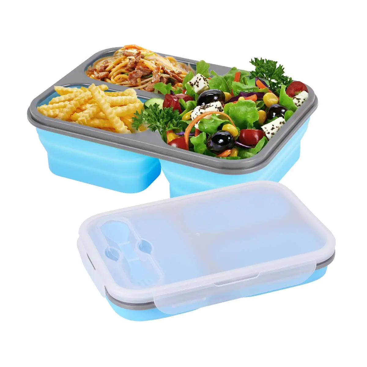 1100ml 3 Cells Silicone Foldable Lunch Box Kitchen Collapsible Portable Bento Box Food Storage Container Eco-Friendly Lunchbox
