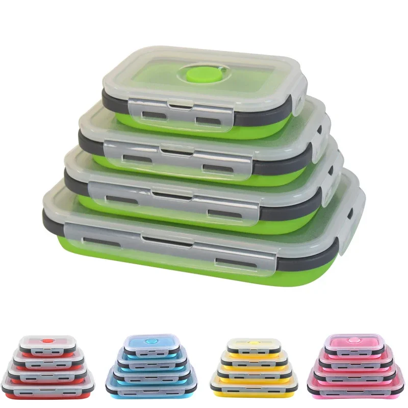 

4 pieces/set Food grade square portable foldable silicone lunch box refrigator microwave oven lunch box storage box outdoor