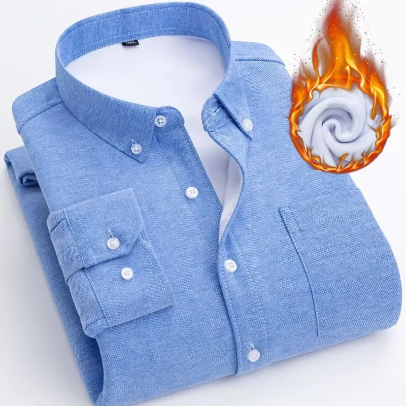 Thiened Fce Warm Ox Cloth irt Long Sve Casual Sle for Young Men Winter Season Regular Fit arp Collar Pure C...