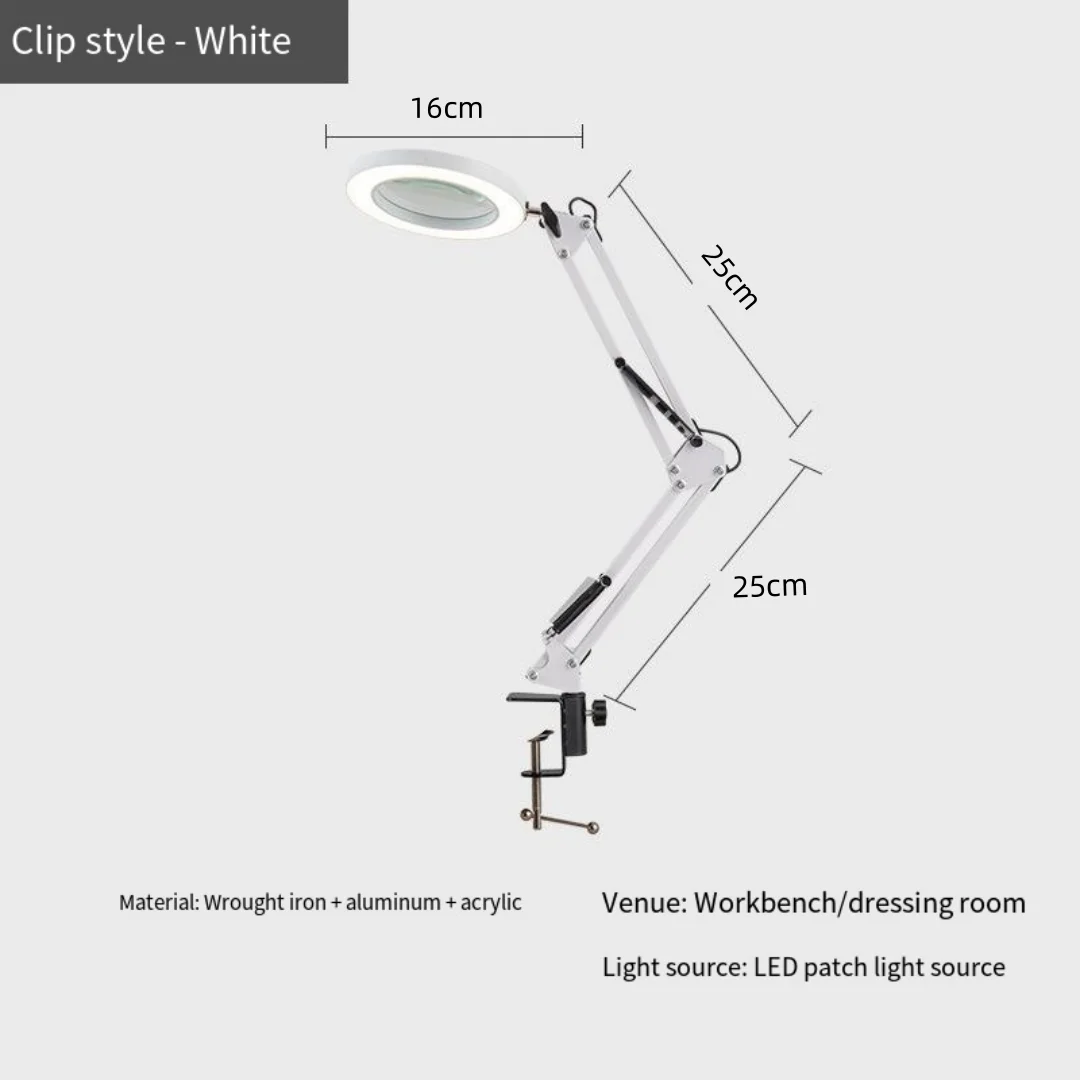 Eye-protecting reading and learning lamp, LED desk lamp for identification and maintenance work, with a foldable magnifying