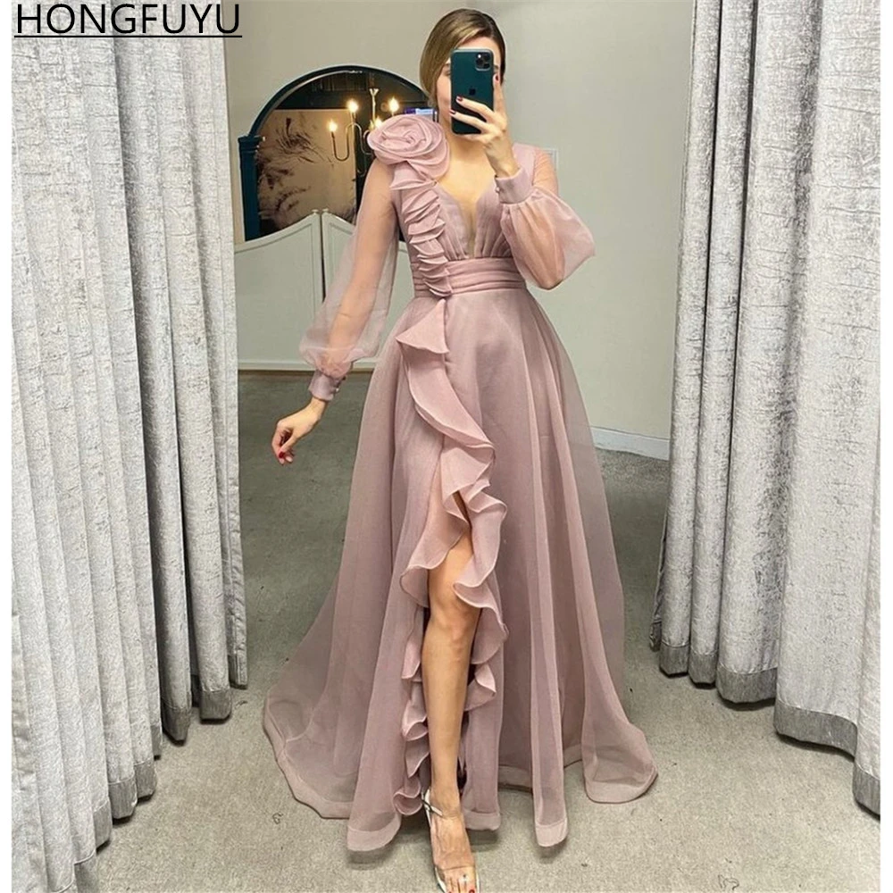 HONGFUYU Dusty Pink Sheer V Neck Prom Dresses A Line Side Slit Long Sleeves Wedding Party Gowns Ruffles Tulle Evening Dress princess prom dresses