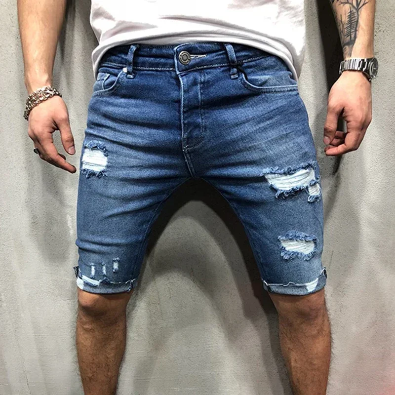 

New Destroyed Jeans Pants With Holes Slim Fit Summer Short Pants Fashion Men's Shorts Blue Jeans Trousers Clothing