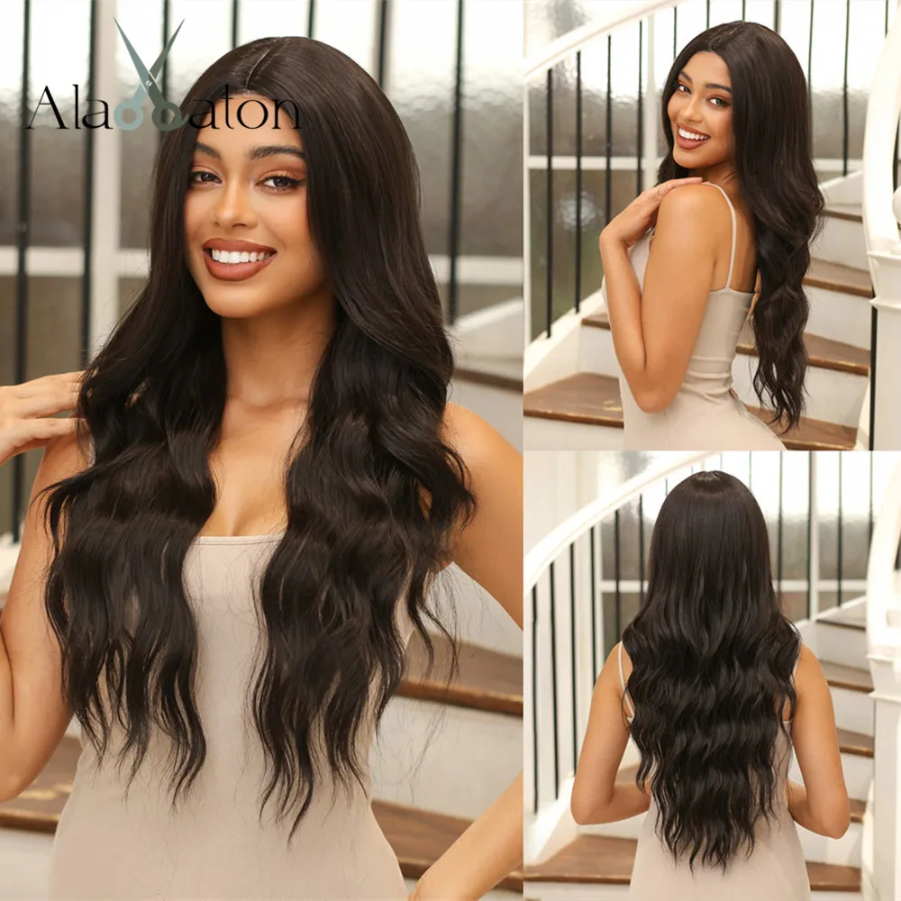 

ALAN EATON Long Black Wavy Synthetic Wig Hand-tied Hairline Part Lace Wig Women Daily Natural Looking Hair Heat Resistant Wigs