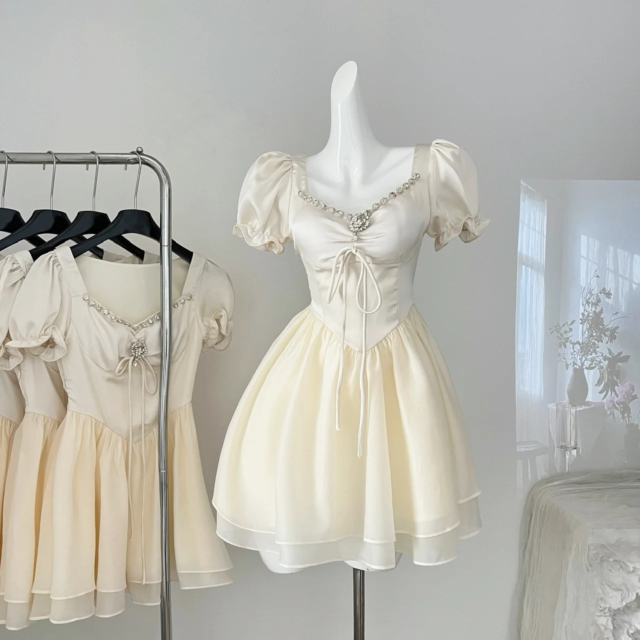 Elegant Vintage Princess Birthday Party Mini Dresses for Women Diamons Ball Gown A-line Korean Luxury One Piece Vestido Mujer