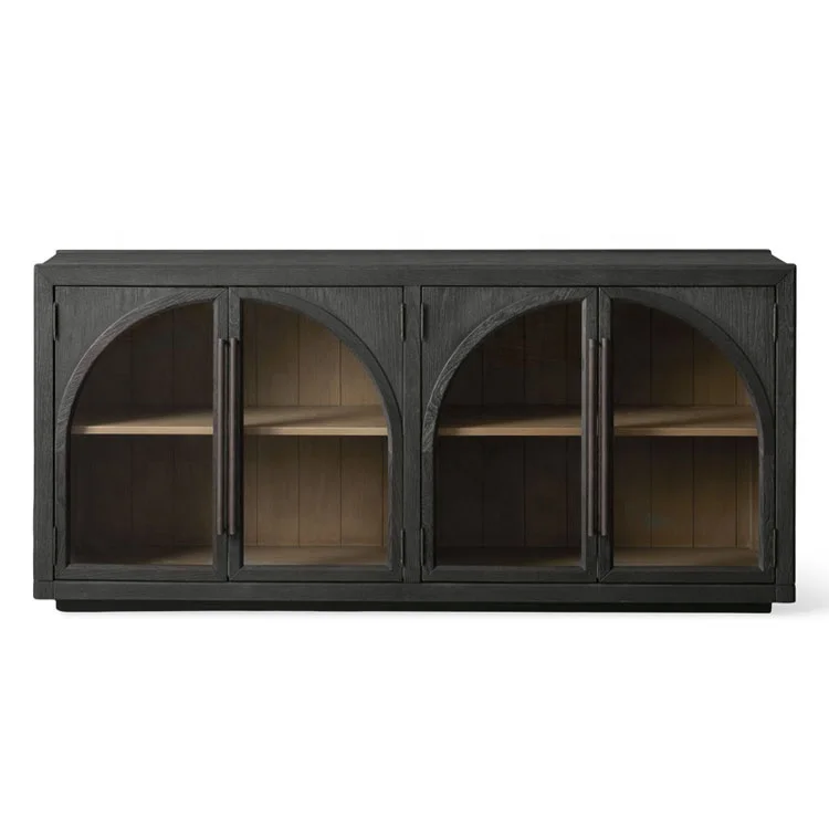 

Modern Living Room Furniture Solid Wood Black Oak Sideboard Cabinet Luxury Glass 4- Door Sideboard