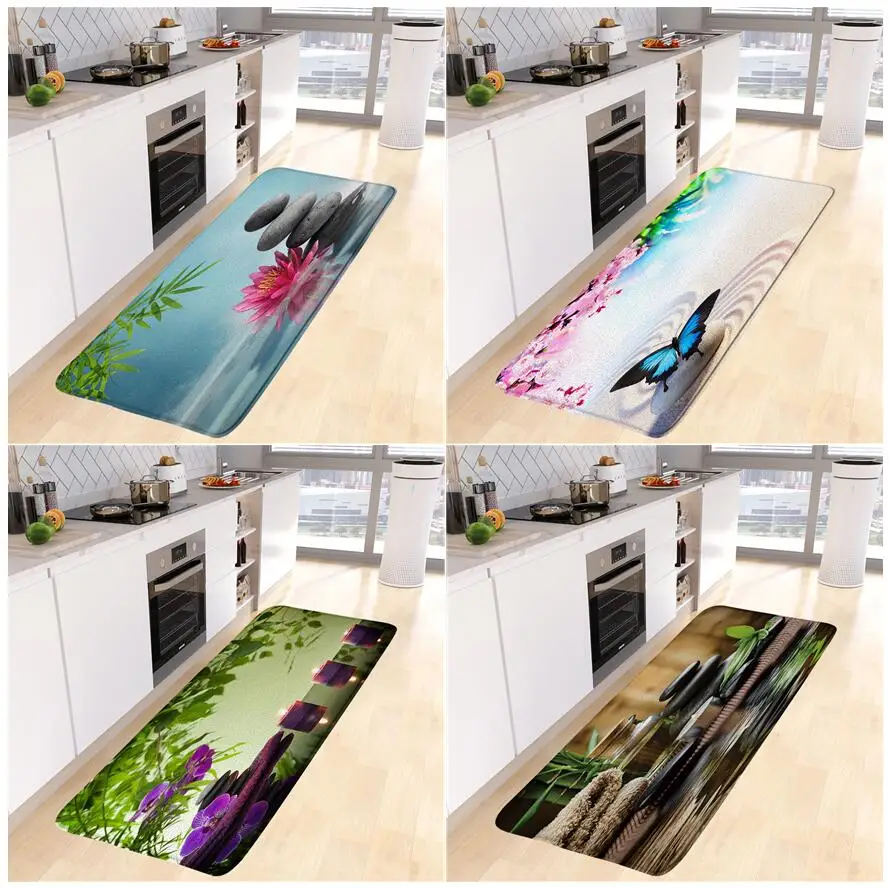 Zen Kitchen Floor Mat Green Bamboo Pink Orchid Lotus Black Massage Stone Spa Scenery Home Decor Tappeto Lungo Tappeto Non Labbra Tappetino Da Bagno