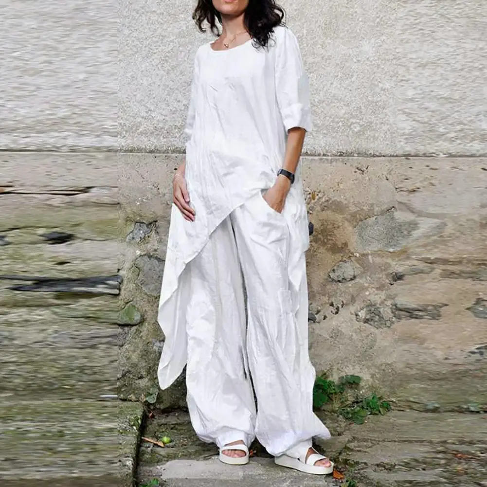 Women Linen Lounge Set Cotton Linen Two-piece Sets for Women Solid Color Shirts with Pockets Wide Leg Trousers for Summer