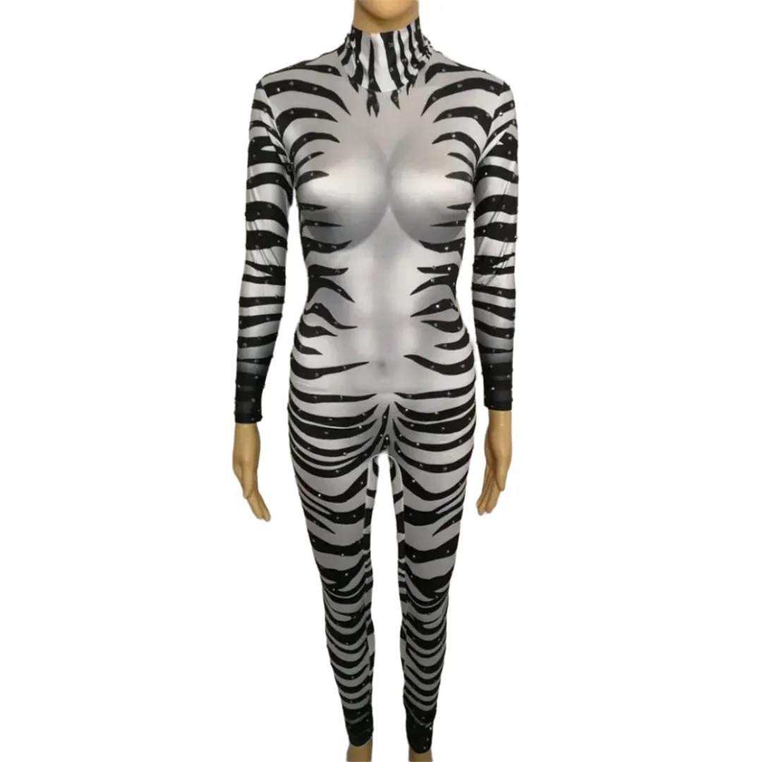 

Zebra Jumpsuit Prom Party Celebration Stage Clothing Bar Singer Dancer Crystals Dj Ds Costume Sparkly Leotard Romper Printing