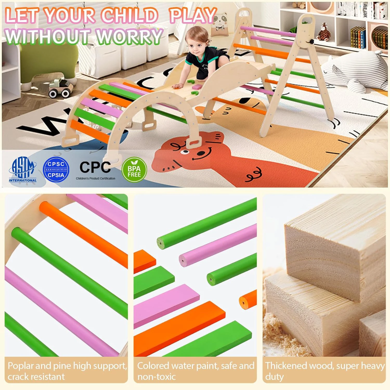 7-in-1 Dreieck-Set Faltbares Holz-Klettergerüst Montessori Faltbares Kletterset mit Seilnetz für Mädchen und Jungen – Detail 8