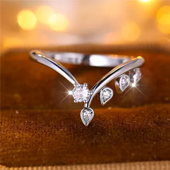 Cute Female White Zircon Stone Leaf Ring Charm Silver Color Wedding Jewelry For Women