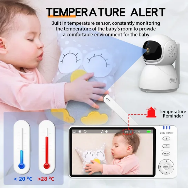 Smart Baby Monitor 5" LCD Screen ABM570 with Night Vision,2-Way Audio,Temperature Sensor & Lullabies,for Home Security 3500mAh 4
