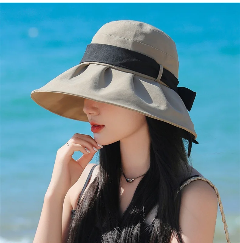 Fisherman Hat Women Summer Outdoor UV large brim sunscreen hat Korean solid color show face small sun hat beach