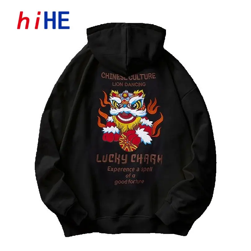 Herbst Winter Neuer Löwen-Bestickter Pullover Herren Trendiger Kapuzenpullover Plüsch-Fleece Übergröße Pullover Lässiges Paar-Shirt A1
