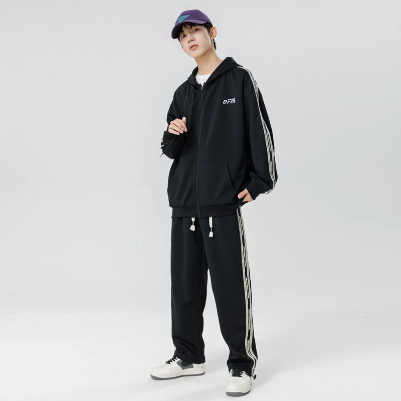 Sports set casual two-piece autumn zippered cardigan hoodie stripe cropped pants tracksuit men set