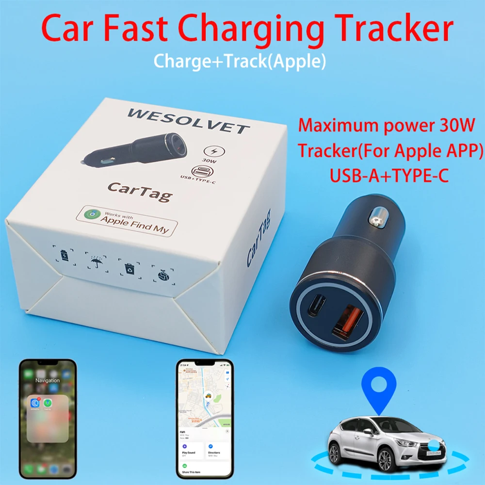 Phone Charger Car Charger Tracker Apple Find My APP USB-A TYPE-C 30W Output 5V 9V 12V Fast Charging