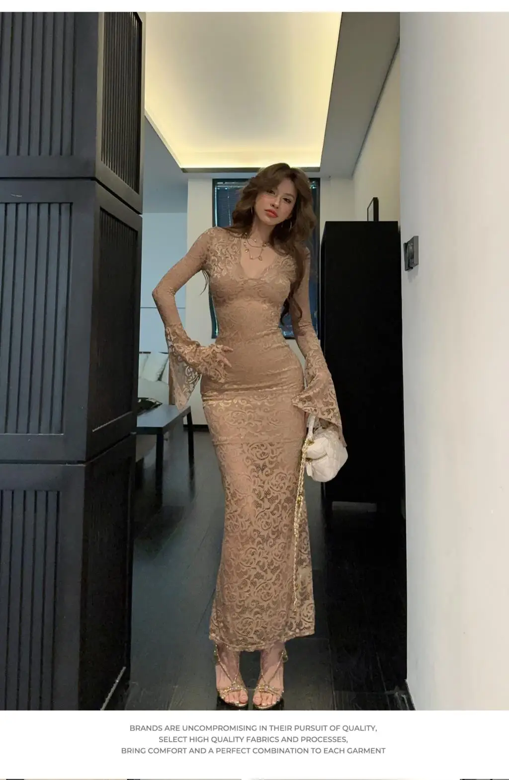 Sexy Bodycon Lace Long Dresses for Women V-neck Flare Sleeves Slim Mermaid Evening Party Dress Club Prom Robe Ladies Vestidos