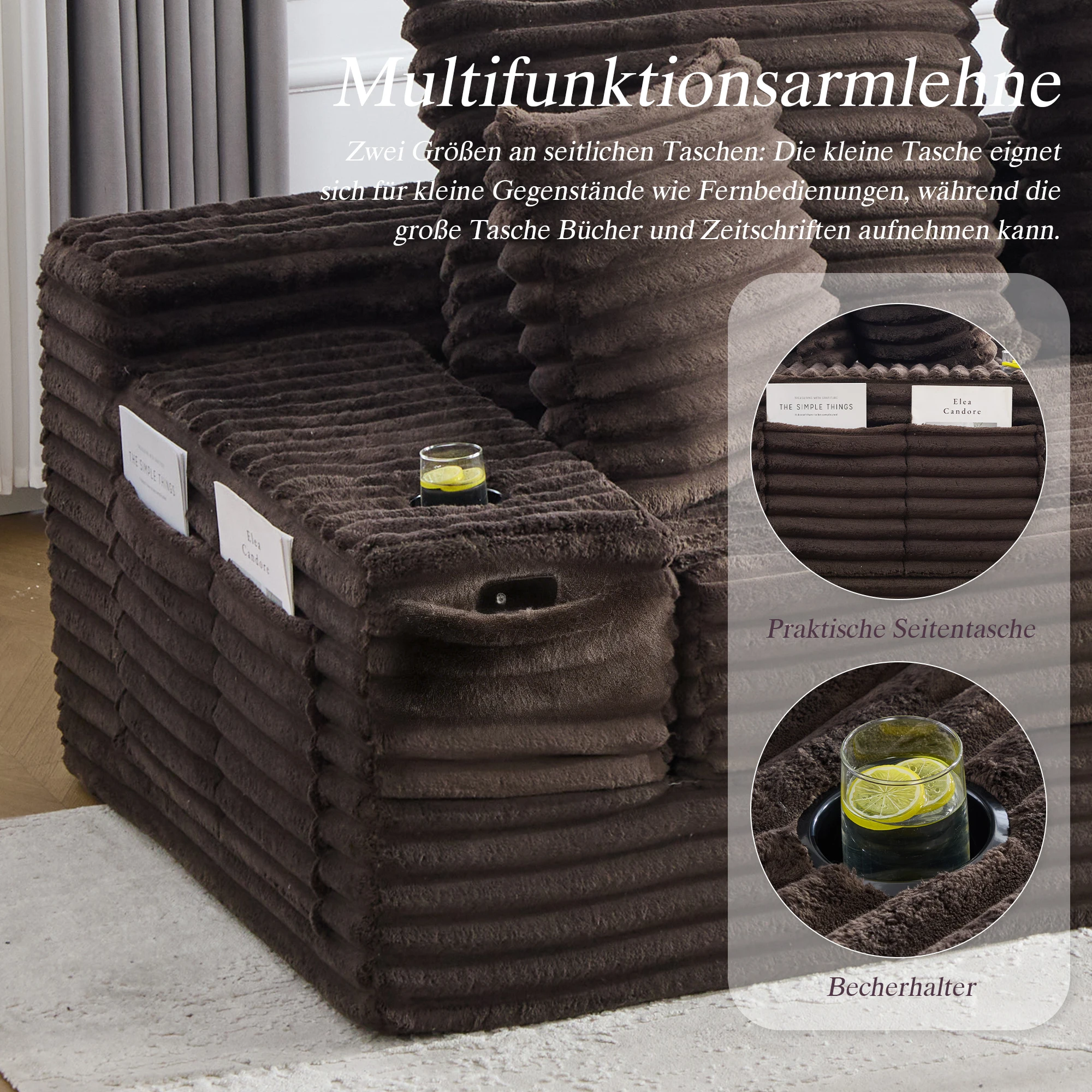 Cordstoff Kompressions-Sofa mit Hoher Rückenlehne und Zusätzlichen Kissen, Beidseitige Taschen, Frei Kombinierbar Als Schlafsofa – Detail 3