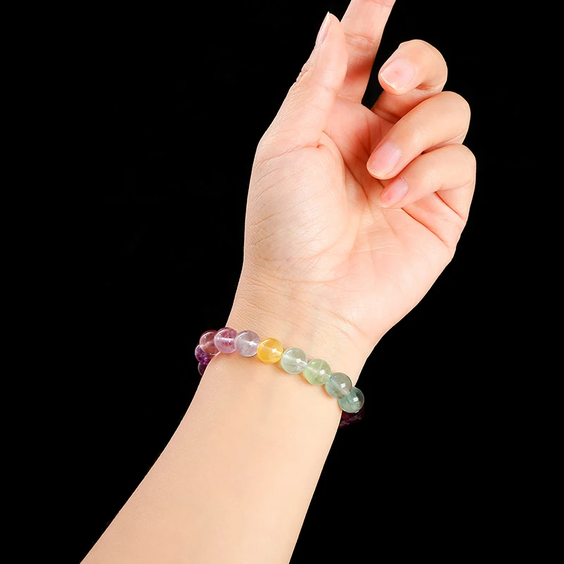 JD 5A Natural Stone Muticolor Rainbow Fluorite Bead Bracelet Women Reiki Healing Lucky Stretchy Mala Bangles Crystal Jewelry 6