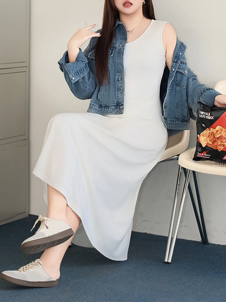 Cloud White Knit U-collar Slim Waist A-line Tank Dress Plus Size 2025 Autumn Casual Premium Sleeveless Women Sundress