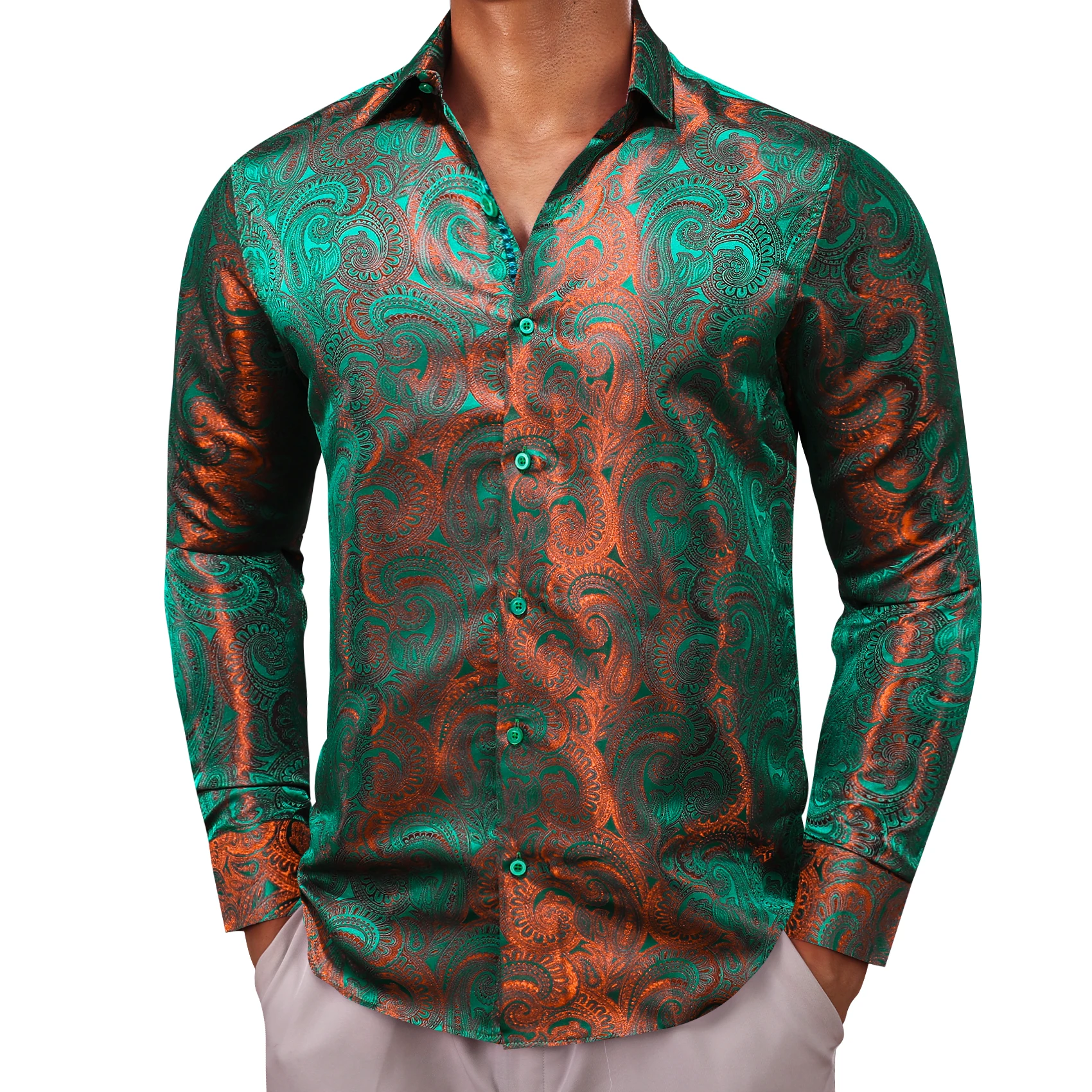 Luxury Shirts for Men Silk Long Sleeve Green Paisley Shine Slim Fit Male Blouses Casual Tops Breathable Streetwear Barry Wang