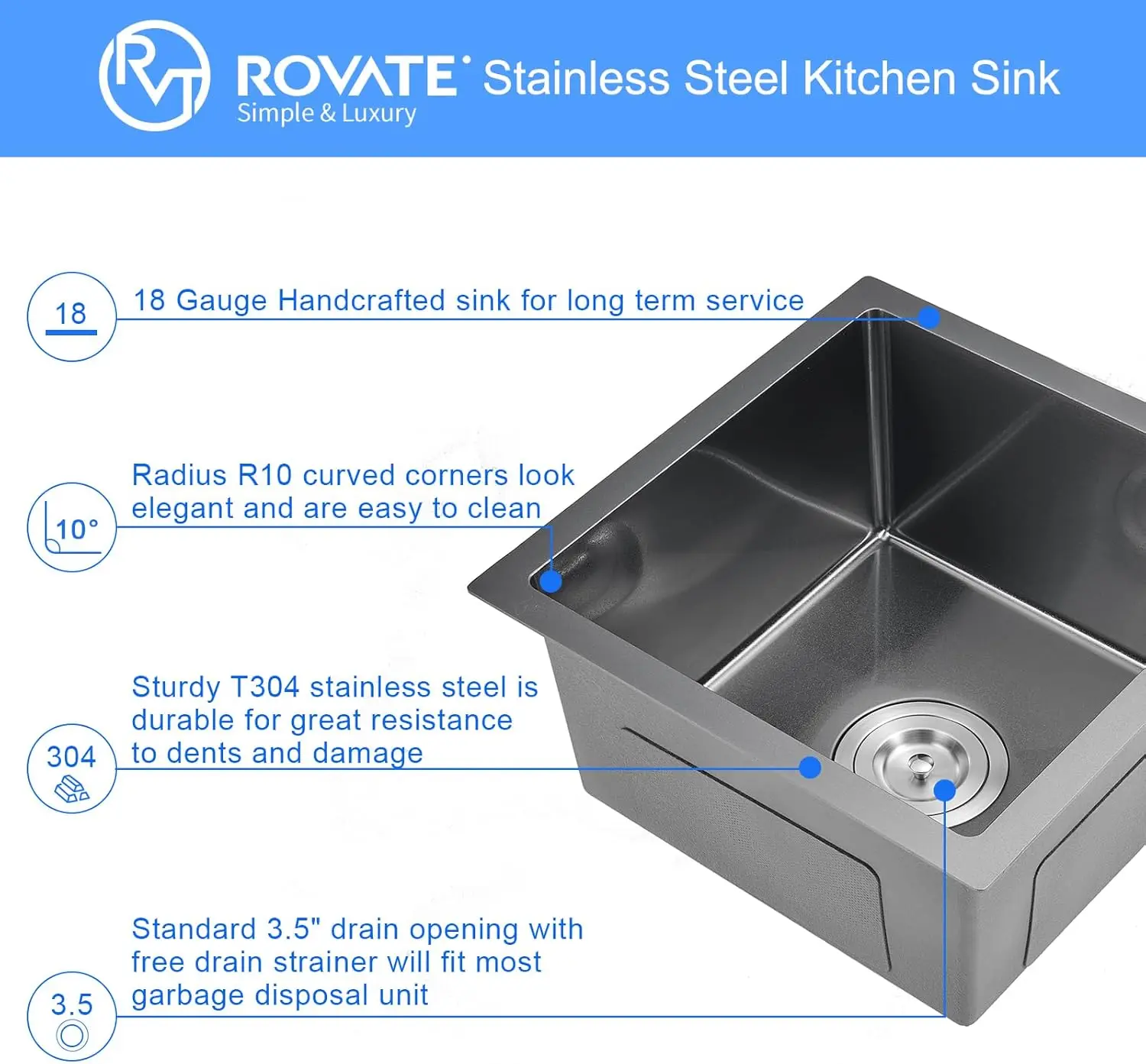 ROVATE 15x15 inch Black Bar Sink Undermount Black Nano Kitchen Sink Single Bowl T-304 Stainless Steel Sink with  Basket Strainer 3