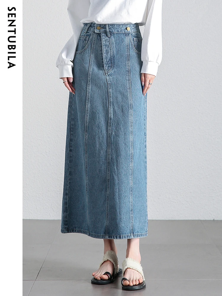 Sentubila High Waist Straight Split A-line Long Denim Skirts 2024 Spring New Fashion Retro Jean Maxi Skirt for Women W33Q51655