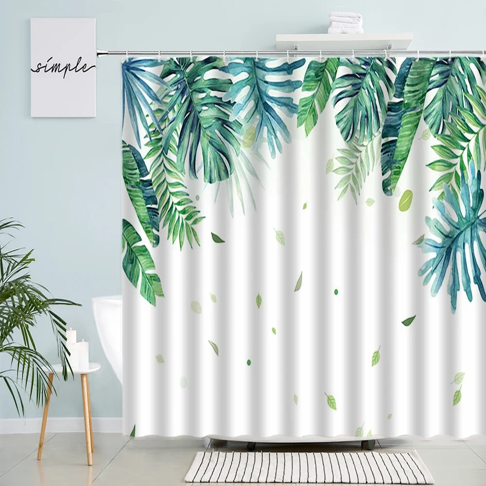 Shower Curtains Tropical Green Plant Palm Leaf Bathroom Shower Curtains Summer Jungle Fabric Waterproof Hooks Hanging Curtain Bath Screen Decor