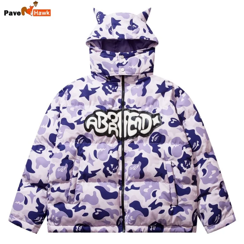 

Mens Hip Hop Parka Jacket Streetwear Camouflage Devil Horns Hood Padded Jacket Coat Harajuku Winter Thick Warm Outwear Unisex