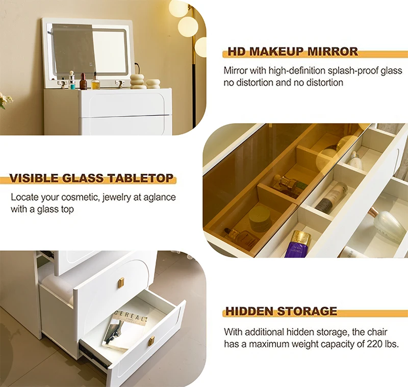 3-in-1 Dresser with Flip-Up Mirror and Light, Small Dresser Set with Visible Glass Tabletop, 3 Drawers, Storage Bench, 3-Color I - Image 6
