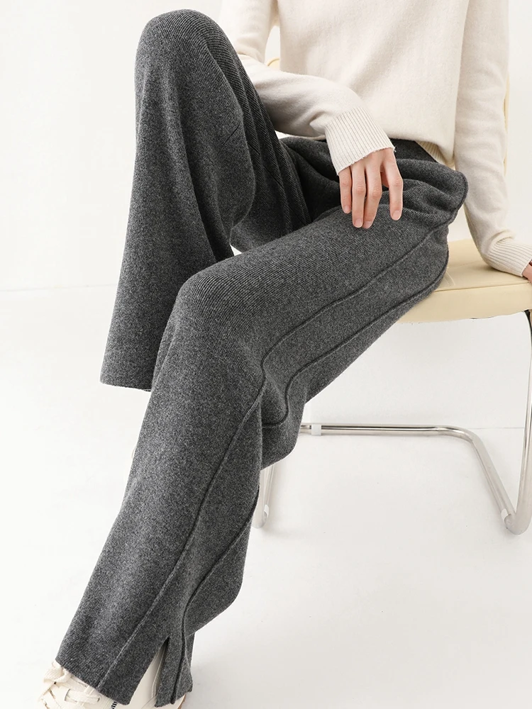 Women Wool Wide Leg Pants Threaded Elastic Waist Cashmere Trousers Autumn Winter 100% Merino Wool Knitted Soft Slit Design Pants