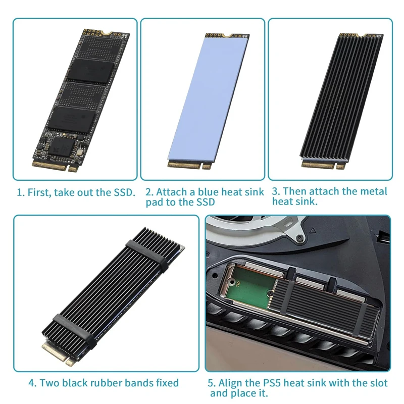 M.2 Heatsink with Thermal Silicone Pads 2280 SSD with 2 Black Rubber Straps for PC/PS5 M.2 SATA SSD