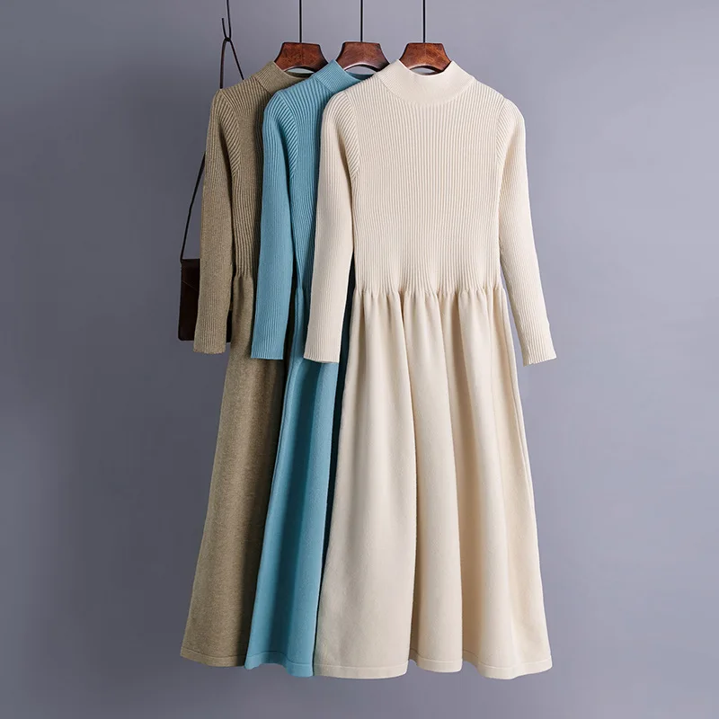 

HLBCBG Autumn Winter Knit Long Dress Women Casual O-Neck Slim Bodycon robe Sweater Dresses Office Lady THICK MAIX Dress