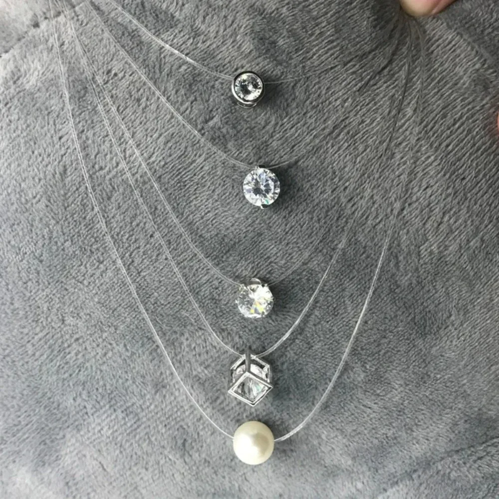 SUMENG Neue Persönlichkeit Fashion Square Imitation Perle Kristall Zirkon Halskette Unsichtbare Transparente Angelschnur Frauen