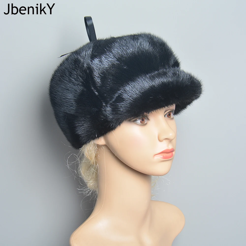 

Mink Fur Cap Unisex Luxury Winter 100% Whole Marten Hair Genuine Mink Fur Bomber Hats Thick Ear Warm Brown/Black Gorras Hombre