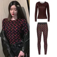 Ensemble deux pièces rétro américain pour femmes, haut et pantalon Sexy en soie glacée, manches longues, imprimé lune, col rond, Protection solaire, vêtements d'automne 4