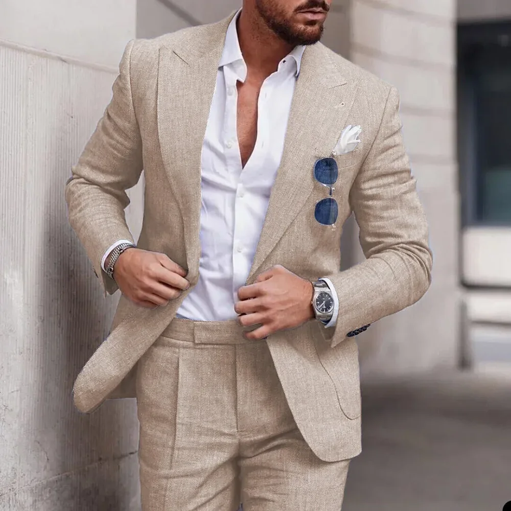 High Quality Linen Suits for Men 2 Piece Chic Peak Lapel Double One Button Male Suit Slim Fit Fashion Casual Wedding Tuxedo 2023