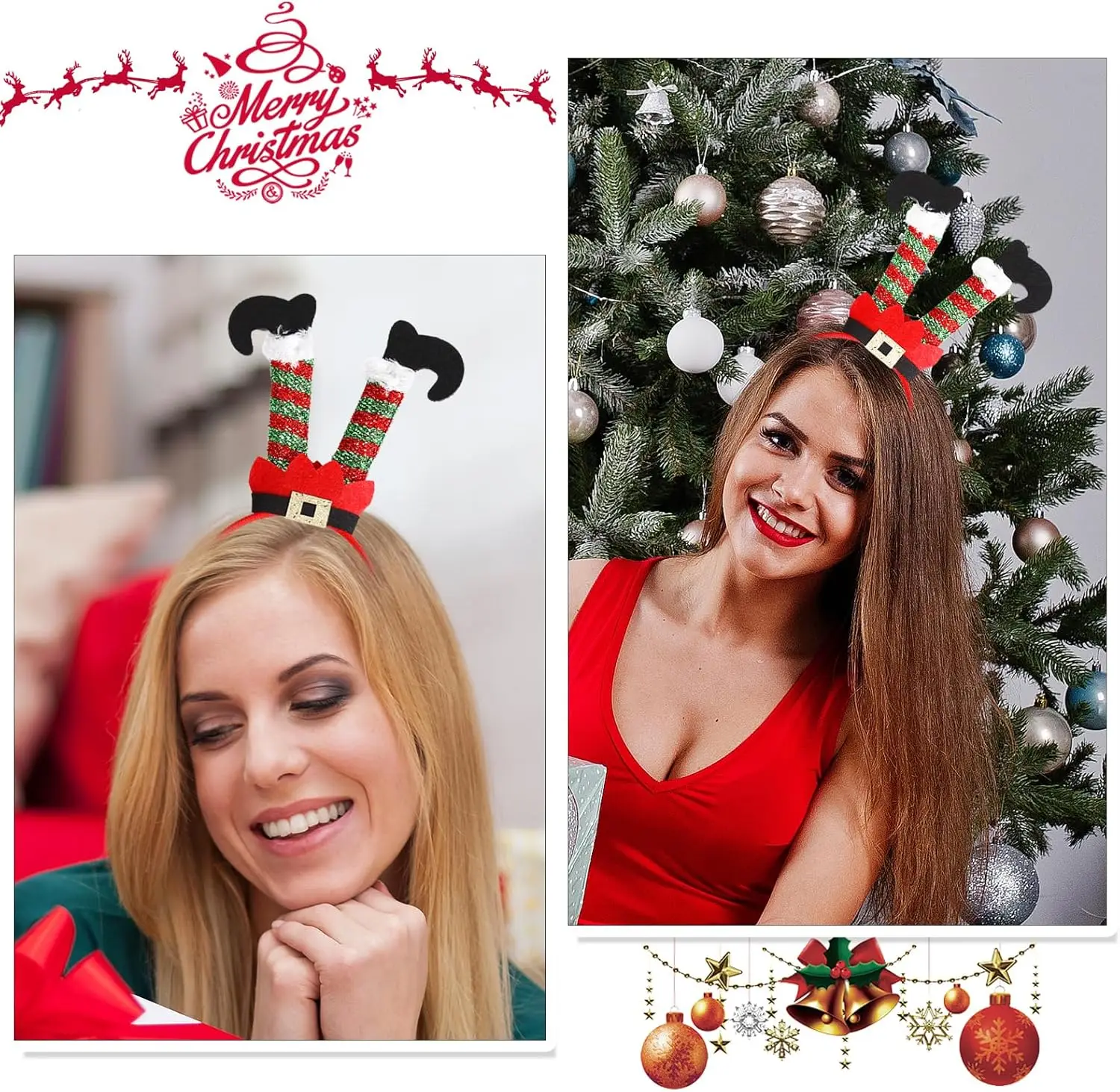 1PC Christmas Elf Leg Headband Glittery Red Green Striped, Festive Holiday Party Hair Accessory For Women & Kids