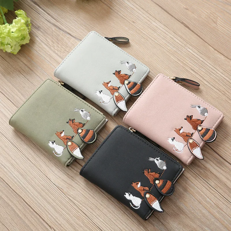 High Quality Women's Wallet Lovely Cartoon Animals Short Leather Female Small Coin Purse Hasp Zipper Purse Card Holder for Girls