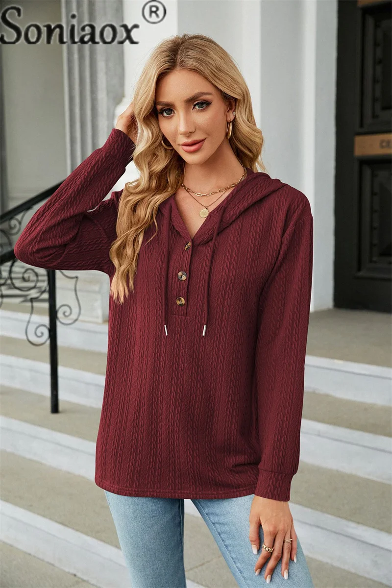 Autumn Winter Button Splice Hooded Sweatshirt Women Loose Long Sleeve Hoodie Female Solid Color Comfortable Commuter Casual Tops