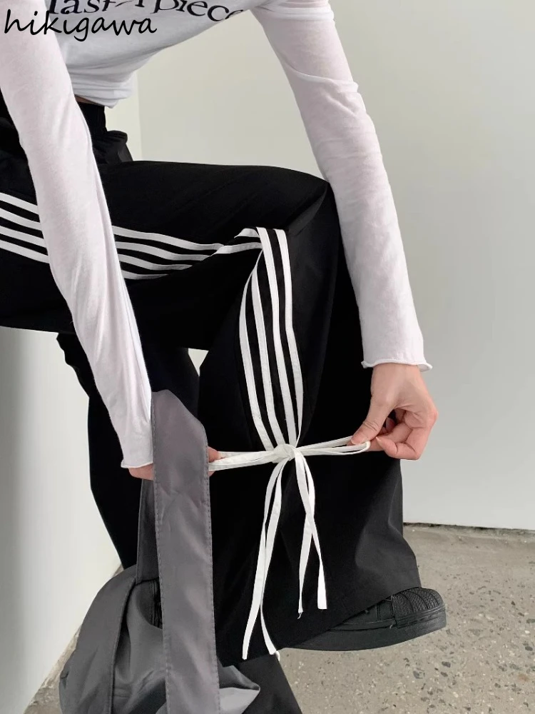Black Harajuku Wide Leg Pants for Women Fashion Bandage Bow