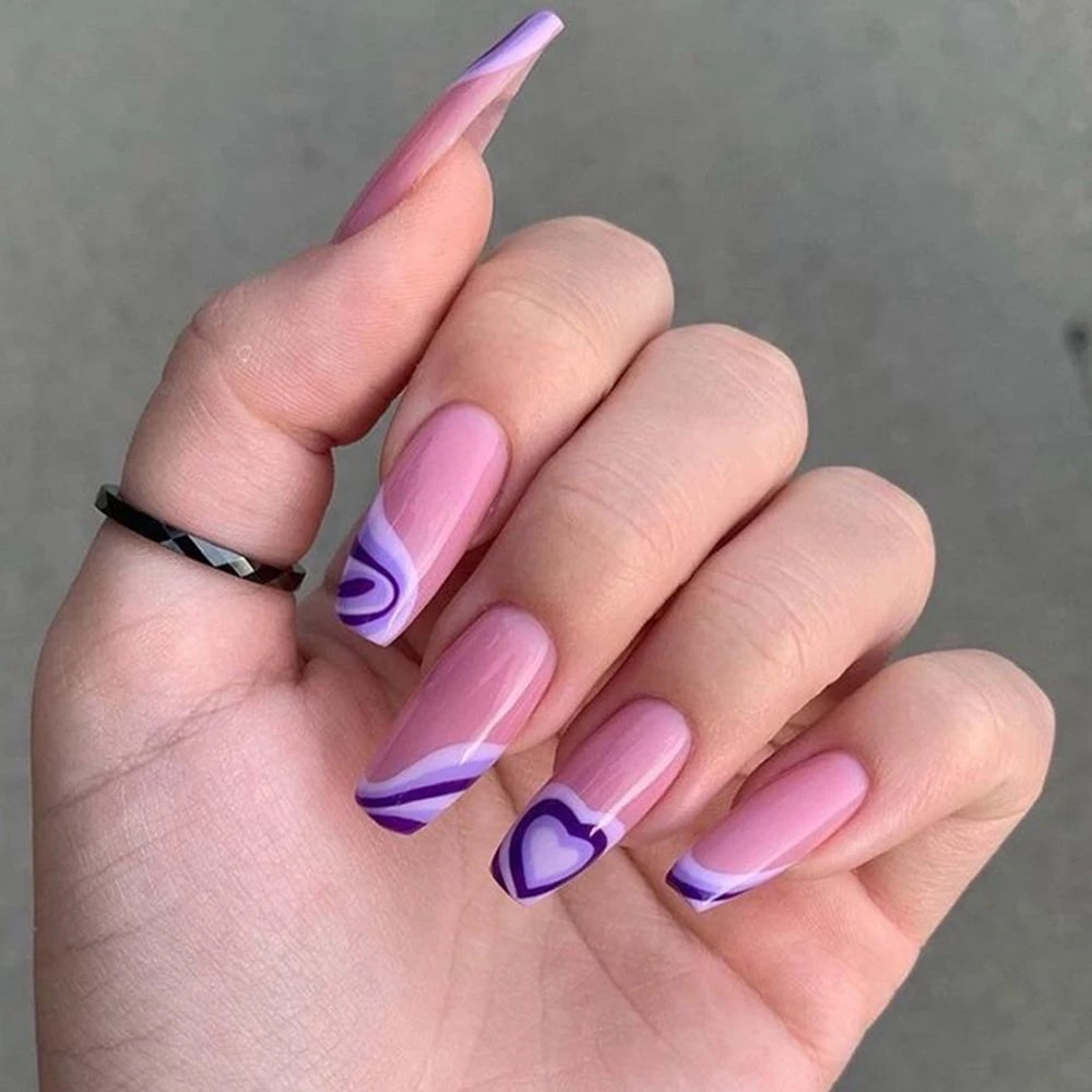 24Pcs Medium Length Coffin False Nails Pink Purple Heart Design Women  Fashion Ballerina Nail Tips Detachable Press On Nails New| | - AliExpress
