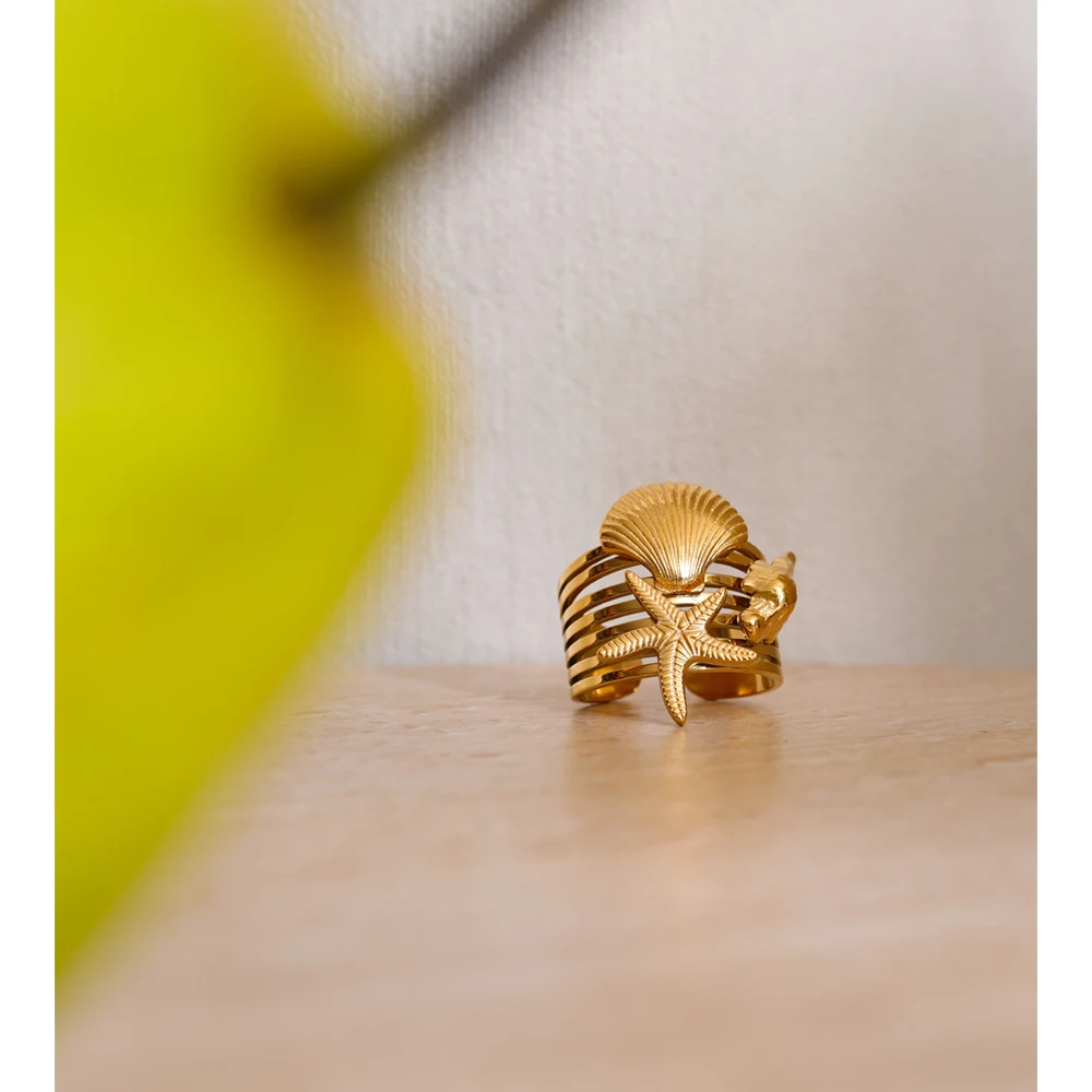 Yhpup Shell Conch Starfish Layered Open Ring for Women