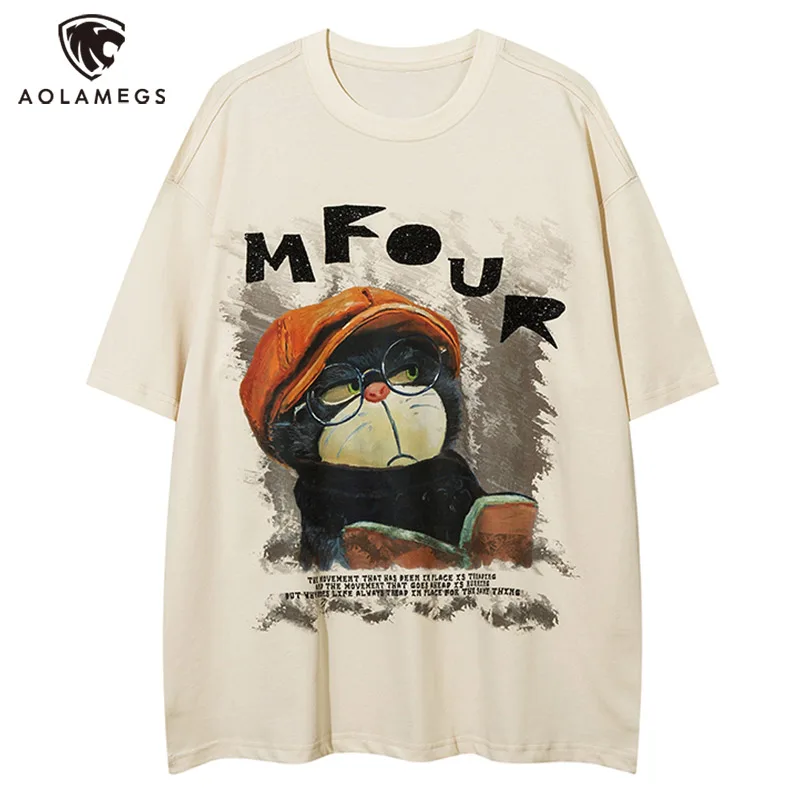 

Aolamegs Men Oversized T Shirts Cartoon Print Short Sleeve T Shirt Trendy Street Loose Casual Tees Preppy Style Tops Unisex