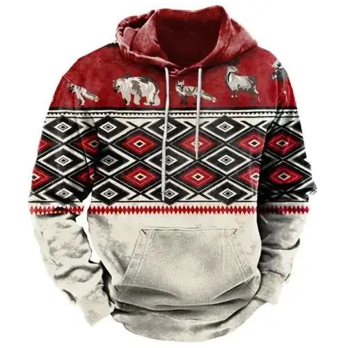 Spring Autumn Men Cowboy Hoodie Vintage Print Casual Stylish Pullover Fashion Long Sleeve Hooded Clothing Male Retro Streetwear