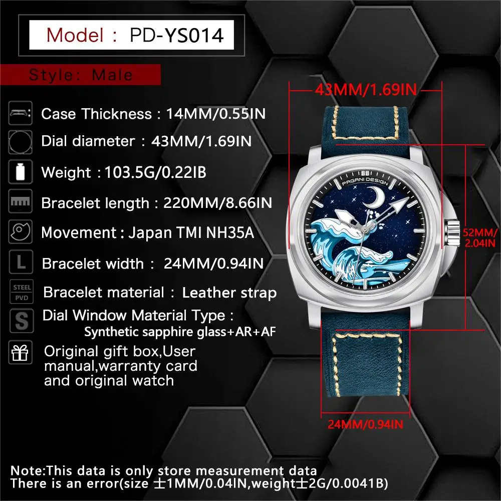 Pagani Design 2025 new 43MM men's automatic mechanical watch Nh35 sapphire luminous C3 leather waterproof 10Bar reloj hombre