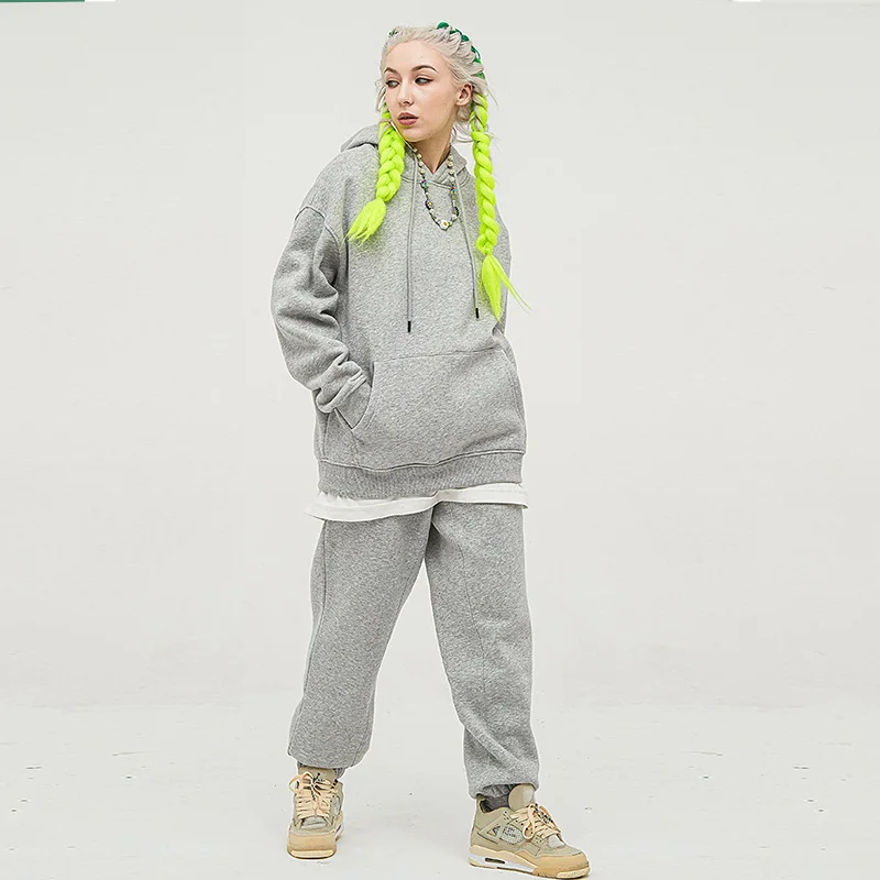Autumn Winter Tracksuit Plus Velvet Thick Hooded Solid Color Sweater Sweater Pants Tide Brand Hoodie Suit