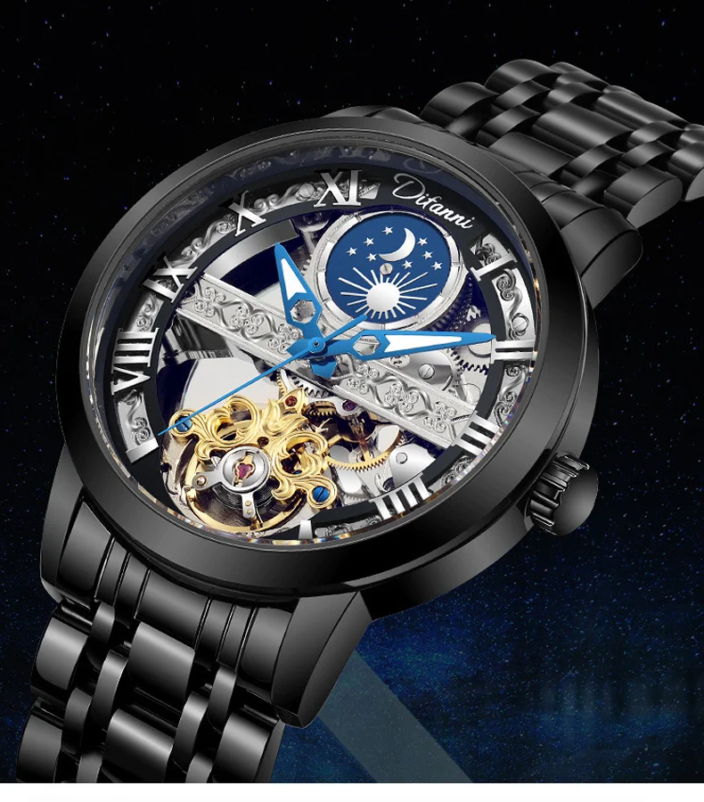 Tourbillon Moon Phase Wrist Luxury Hollow 3ATM Waterproof Stainless Steel Men Automatic Mechanical es es_voghion.com