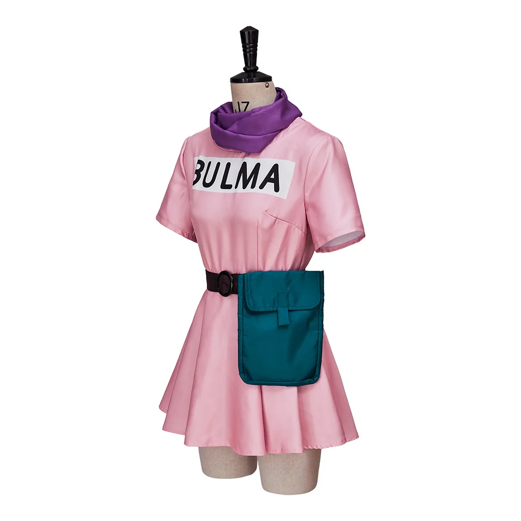 Bulma Cosplay Costume Pink Dress Headwear Purple Scarf Belt Bag Full Set for Women's Halloween Cosplay Costume Wig cosplay costumes