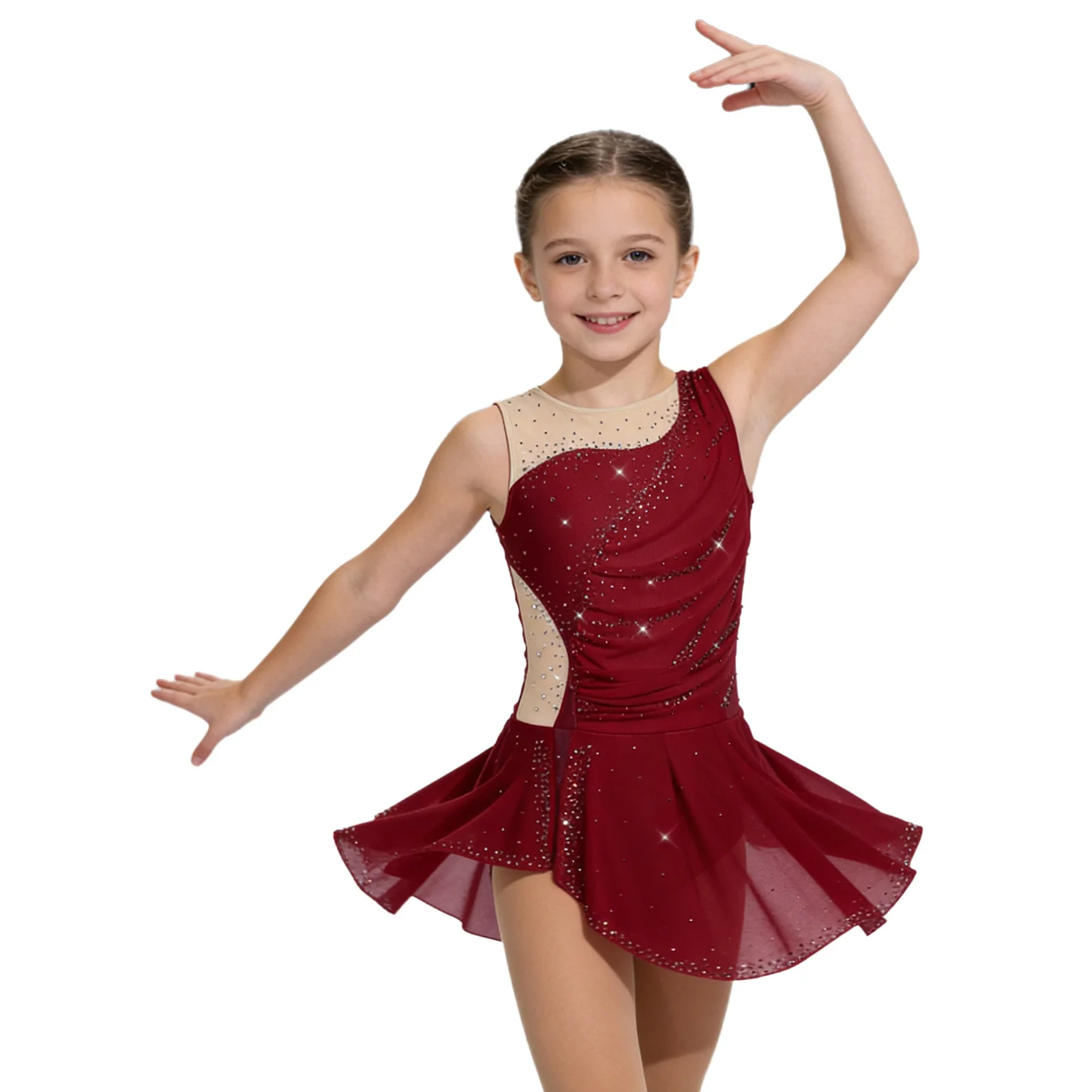 Kinder Mädchen Gymnastik Eiskunstlauf Ballett Tanzkostüm Funkelnde Strasssteine Gerafftes Netzkleid mit Seitenschlitz und Eingebautem Slip – Detail 31